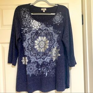 Mandala 3/4 length sleeves blue, white, and silver top